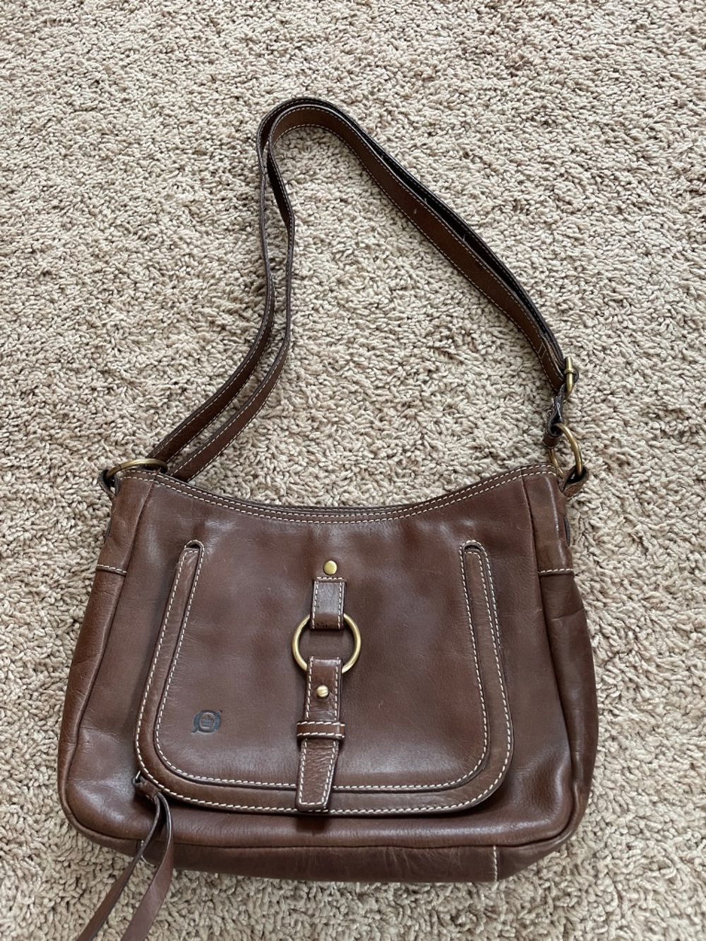 Born Brown Leather Shoulder Bag with Brass Ring Accent. Lots of pockets!
